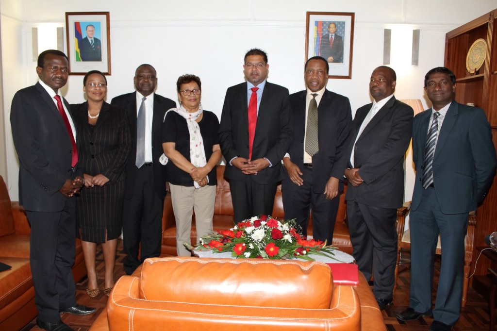 From Left: David Iigonda, Mokgadi Mahlakgane, Paul Bdliya, H.E. Mrs Monique Agnes Ohsan Bellepeau, G.O.S.K Vice President Republic of Mauritius, Kevin Chuttur, Bongani Coka, Baeti Molake and Dev Appalswamy